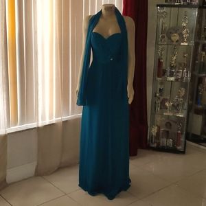 Chiffon Teal Green Srapless Long Bridesmaid Dress